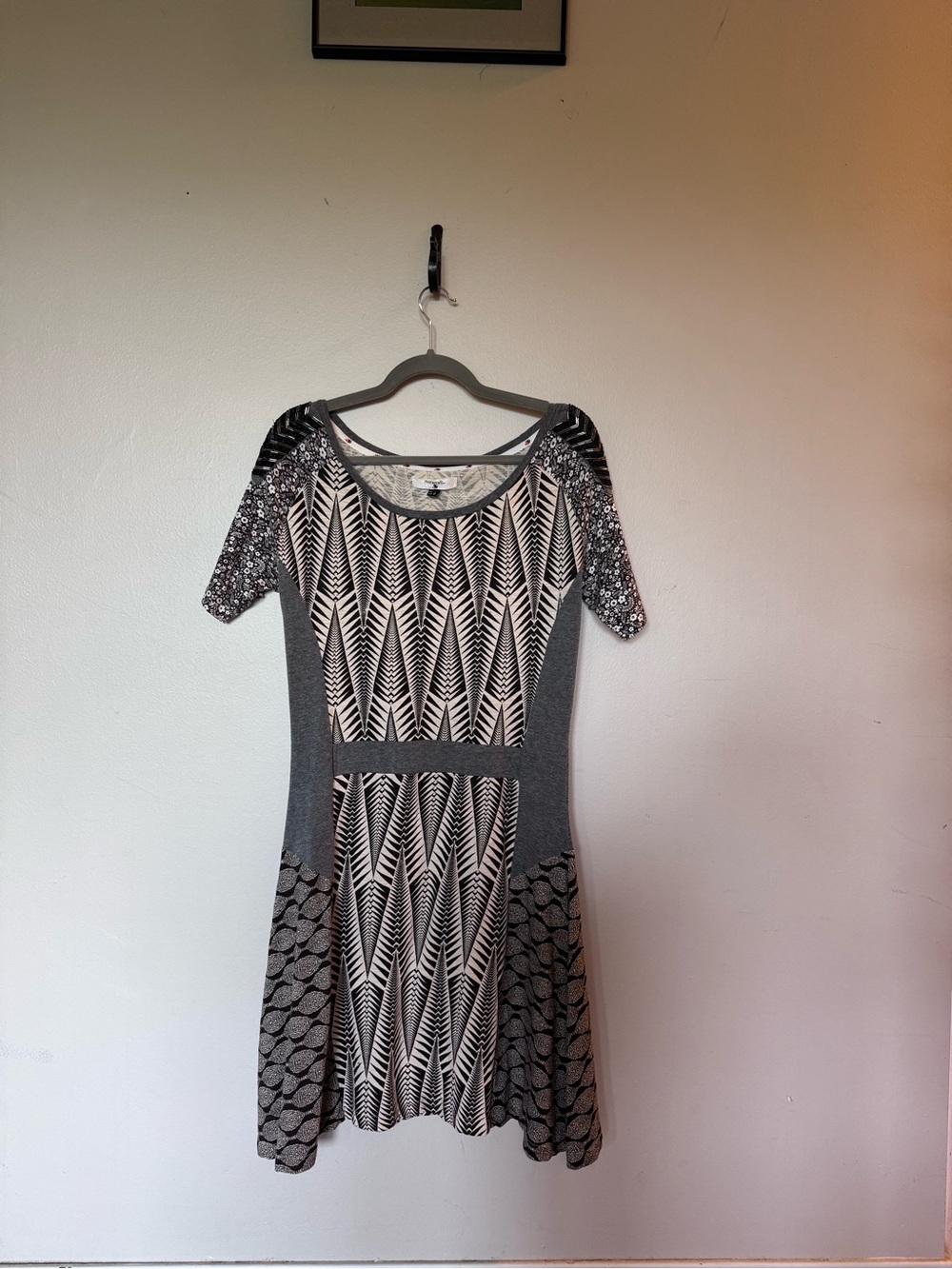 Grey Patterned Midi Fit-and-Flare Dress with beaded shoulder detail